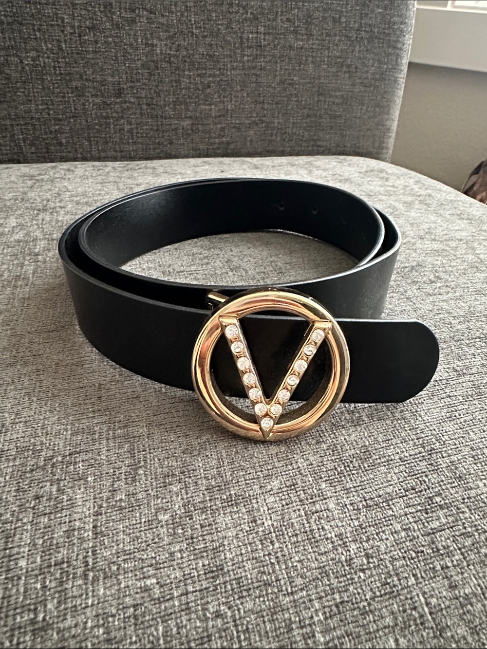Valentino Black Leather Belt with Gold V Crystal Buckle